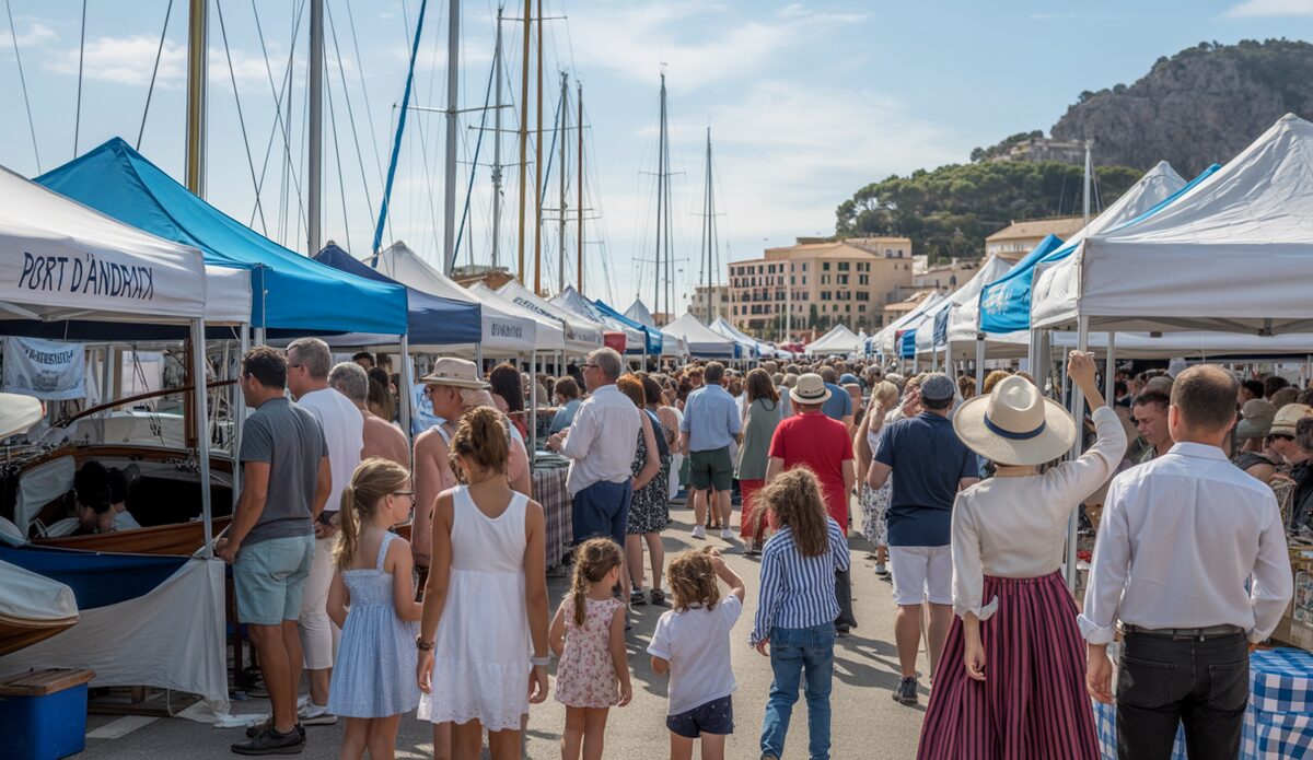Fira Marinera in Port d'Andratx, Mallorca, mit Ständen und Besuchern