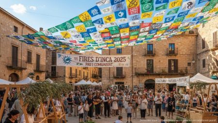 Menschen bei der kulturellen Fires d'Inca 2025 Veranstaltung auf Mallorca mit traditioneller Dekoration und Friedensbotschaft