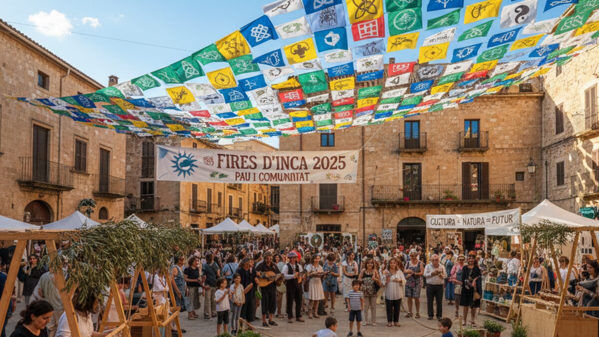 Menschen bei der kulturellen Fires d'Inca 2025 Veranstaltung auf Mallorca mit traditioneller Dekoration und Friedensbotschaft