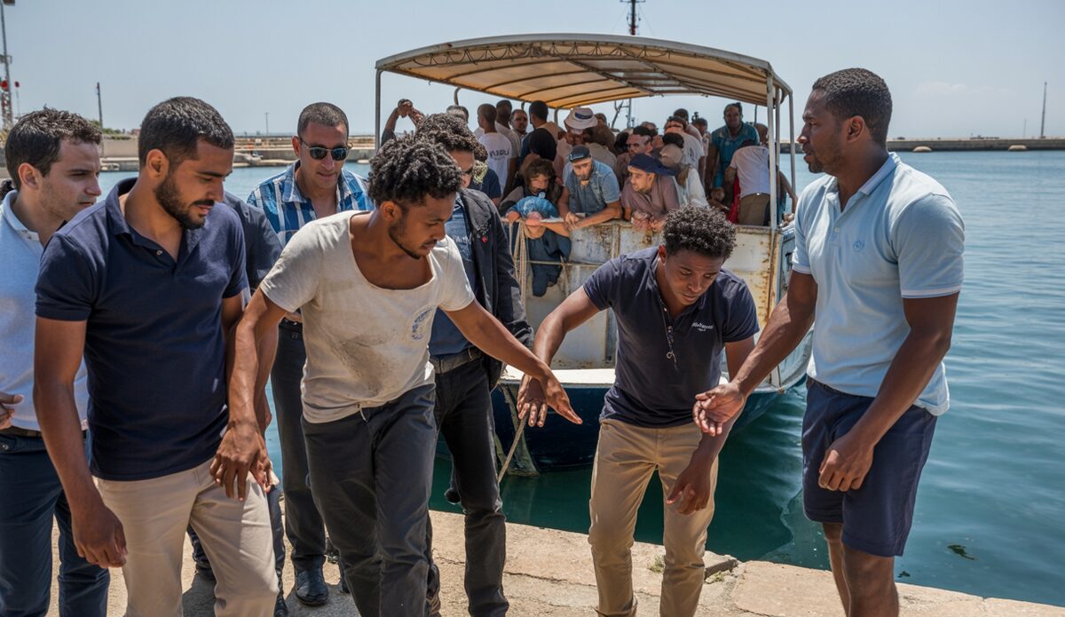 Afrikanische Flüchtlinge steigen auf Mallorca aus einem Boot