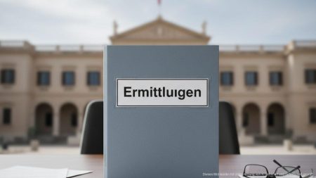 Francina Armengol im Visier der Ermittlungen um Maskenaffäre Symbolbild einer offiziellen Ermittlungsakte auf einem Schreibtisch vor einer verschwommenen Regierungsgebäude-Kulisse auf den Balearen