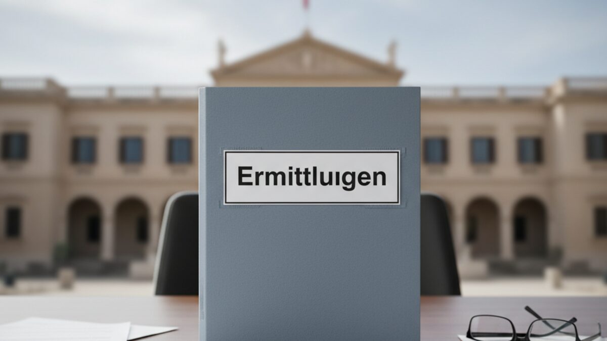 Symbolbild einer offiziellen Ermittlungsakte auf einem Schreibtisch vor einer verschwommenen Regierungsgebäude-Kulisse auf den Balearen