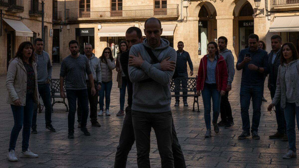 Szene eines Überfalls in Palma mit einer verhafteten Frau und Passanten auf der Plaza Volta de la Mercè