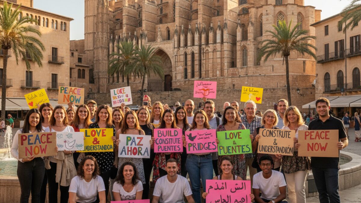 Friedliche Demo in Palma mit Teilnehmern und Schildern