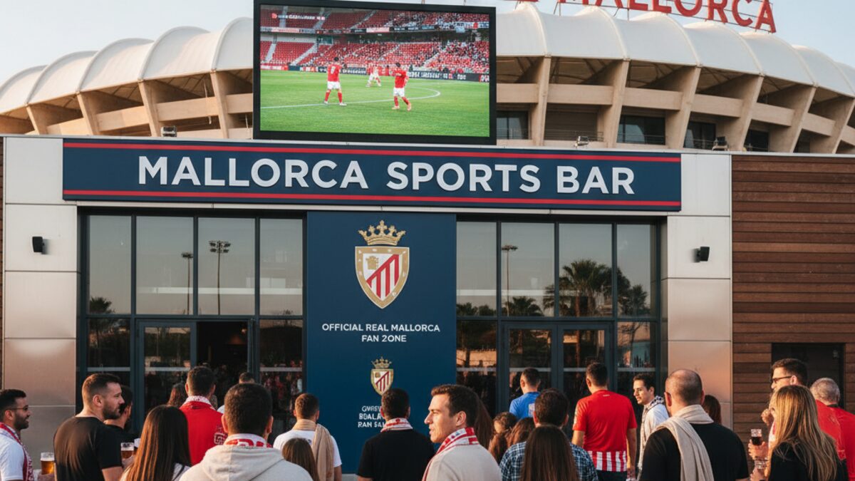 Außenaufnahme der Mallorca Sports Bar nahe dem Real Mallorca Stadion Son Moix mit Fußballfans, die ein Spiel auf einer großen Leinwand verfolgen.