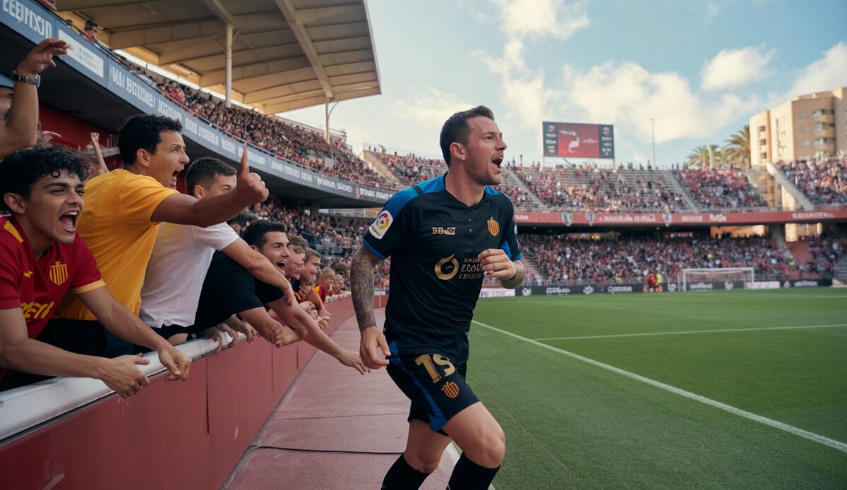 Fußballspiel in der Copa del Rey auf Mallorca mit jubelnden Spielern und Fans