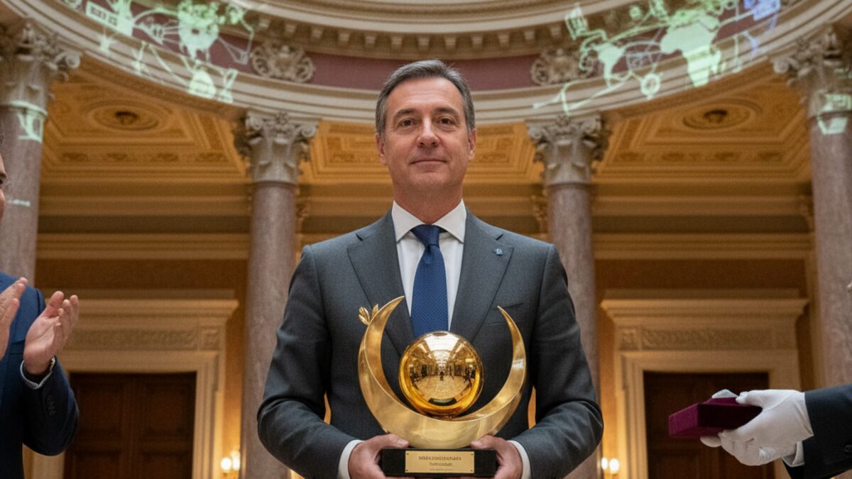 Gabriel Escarrer erhält den Diamant Preis für Exzellenz in der internationalen Hotellerie bei feierlicher Veranstaltung in einem eleganten Saal