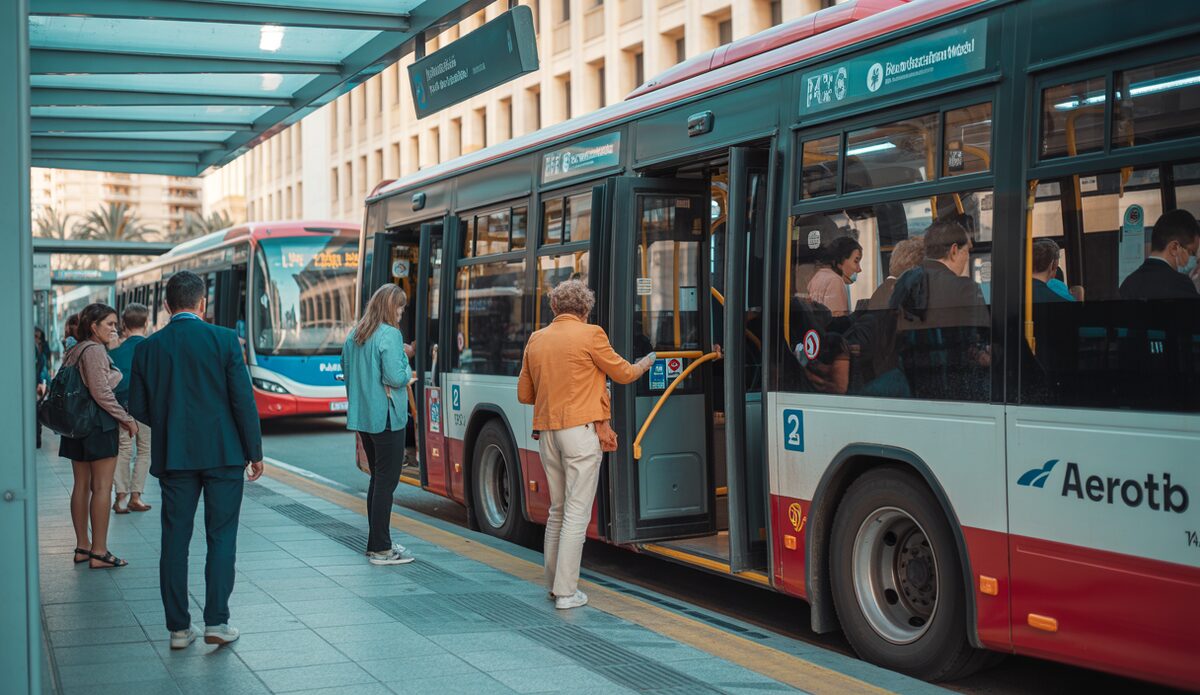 Neue ganzjährige Busverbindungen zum Flughafen Mallorca Bus am Flughafen Mallorca mit Aerotib Branding