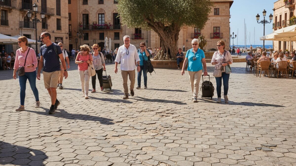 Plaza de Cort in Palma mit kaputten Fliesen im Vordergrund