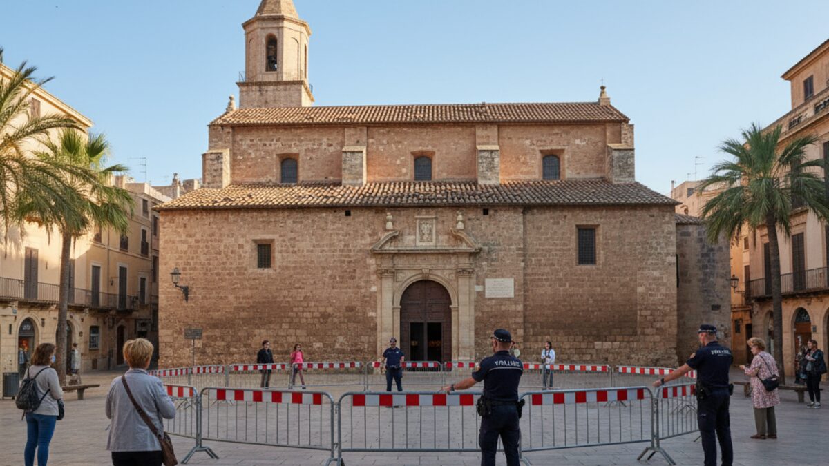 Polizeisperrung am Plaza Porta Pintada in Palma wegen herabfallender Dachziegel an der Kirche Santa Catalina de Siena