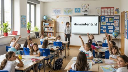 Gericht verpflichtet Schulen auf Mallorca zu Islamunterricht Schüler und Lehrkraft in einem modernen Klassenraum auf Mallorca beim Islamunterricht, der gleiche Bildungschancen fördert