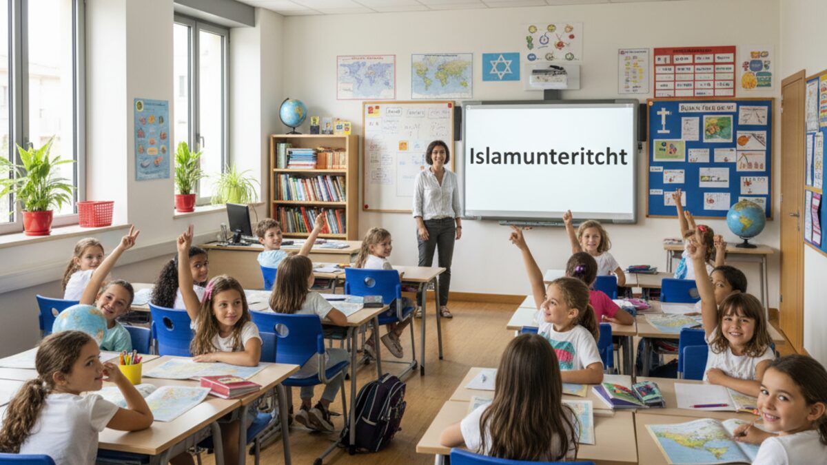 Schüler und Lehrkraft in einem modernen Klassenraum auf Mallorca beim Islamunterricht, der gleiche Bildungschancen fördert