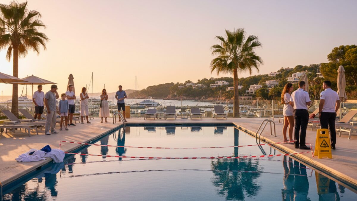 Hotelpool in Port d’Andratx Mallorca mit Hotelgästen im Hintergrund, Szene symbolisiert Gerichtsfälle wegen öffentlicher Anstößigkeit