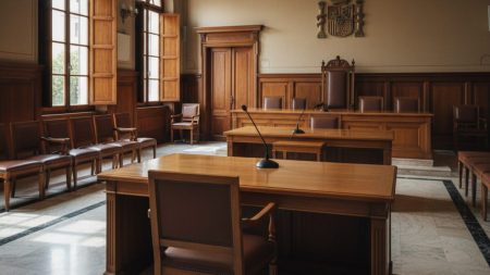 Gericht in Palma befragt Mercedes Garrido zu Mobbingvorwürfen Leerer Stuhl mit Mikrofon im Gerichtssaal in Palma, Spanien.