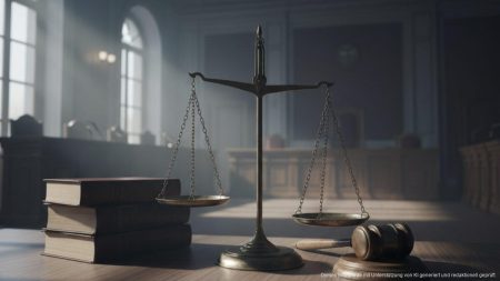 Symbolische Darstellung eines Gerichtssaals mit Waage der Gerechtigkeit