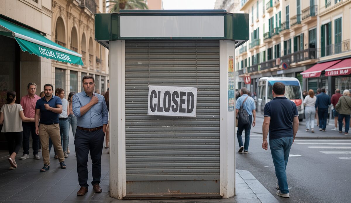 Geschlossener Zeitungskiosk in Palma vor mediterraner Architektur.