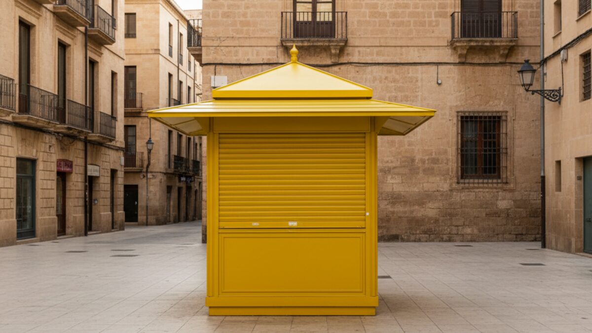 Geschlossener gelber Zeitungskiosk auf dem städtischen Platz in Palma de Mallorca nach Renovierung ohne Erfolg
