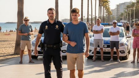 Gewalttätiger Angriff auf Mallorca: Britischer Tourist verhaftet Polizist führt jungen Touristen während einer Verhaftung an der Playa de Palma auf Mallorca ab, symbolisch für Sicherheitsmaßnahmen nach einem Gewaltereignis