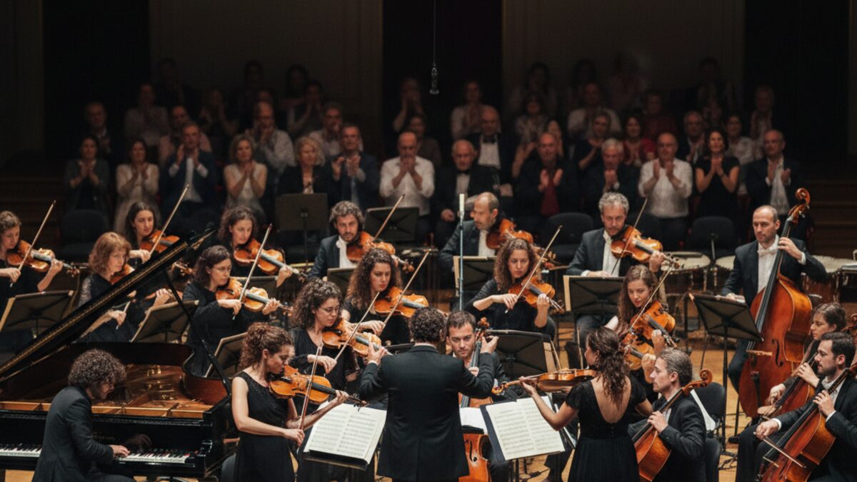 Orchester des OSIB bei glanzvollem Saisonstart in Barcelona mit Pianist und Dirigent auf einer elegant beleuchteten Bühne