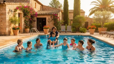 Kinder mit Förderbedarf genießen fröhliche Momente am Pool einer Mallorca Finca, betreut von Erwachsenen bei sonnigem Wetter