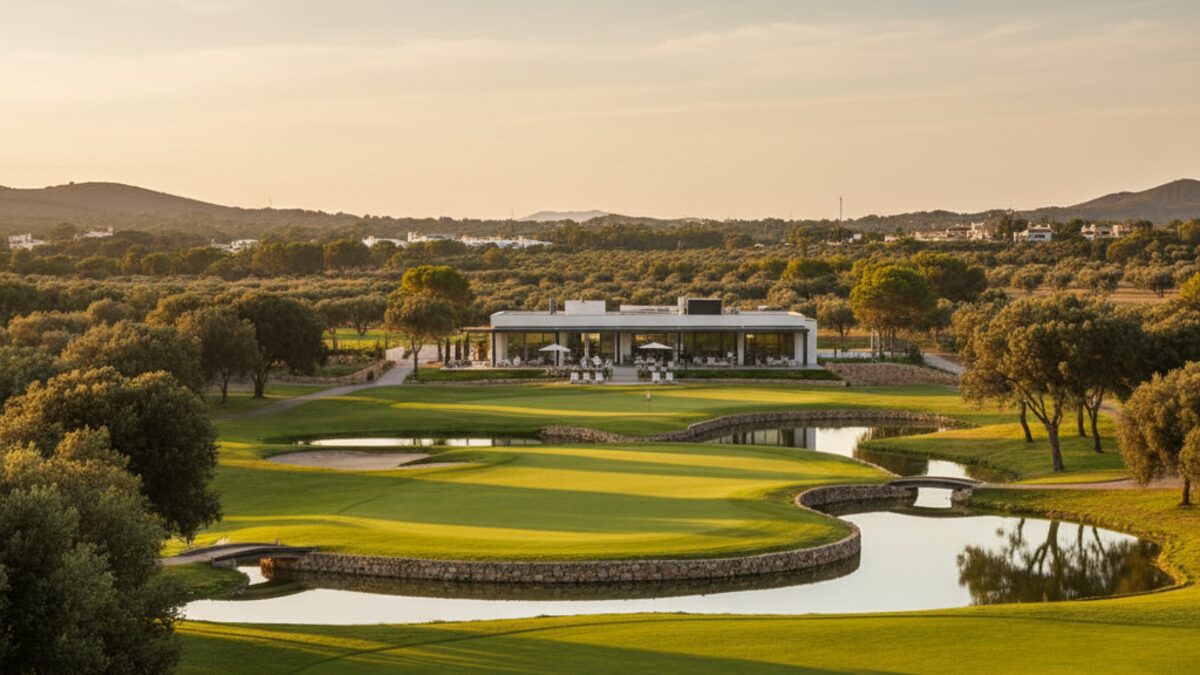 Moderner Golfplatz T Golf Palma Puntiró auf Mallorca mit Fairways, Wasserhindernissen und Clubhaus unter klarem Himmel