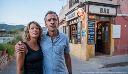 Goodbye Deutschland: Herausforderung und Hoffnung auf Mallorca Deutsches Paar vor Bar auf Mallorca mit mediterraner Kulisse