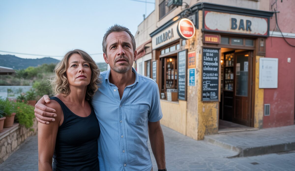 Deutsches Paar vor Bar auf Mallorca mit mediterraner Kulisse