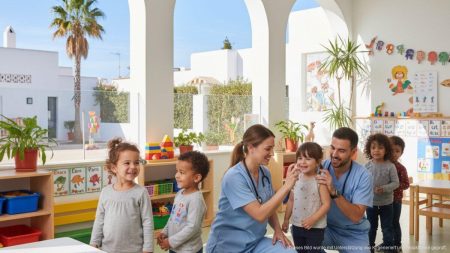 Modernes multifunktionales Gebäude im Bau am Hafen von Cala Rajada mit Booten im Hintergrund und Baustellenaktivitäten im Vordergrund