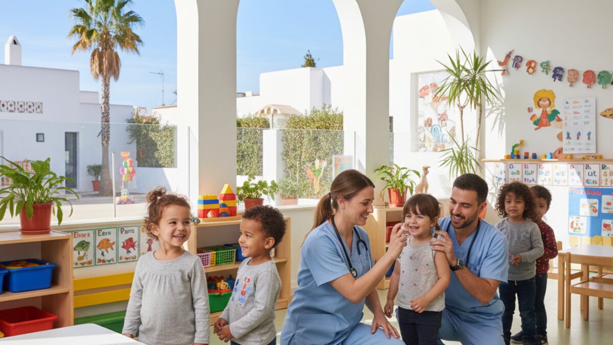 Modernes multifunktionales Gebäude im Bau am Hafen von Cala Rajada mit Booten im Hintergrund und Baustellenaktivitäten im Vordergrund