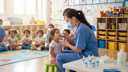 Kindergartenkinder auf Mallorca erhalten intranasale Grippeimpfung von medizinischem Personal während einer Impfkampagne im Oktober