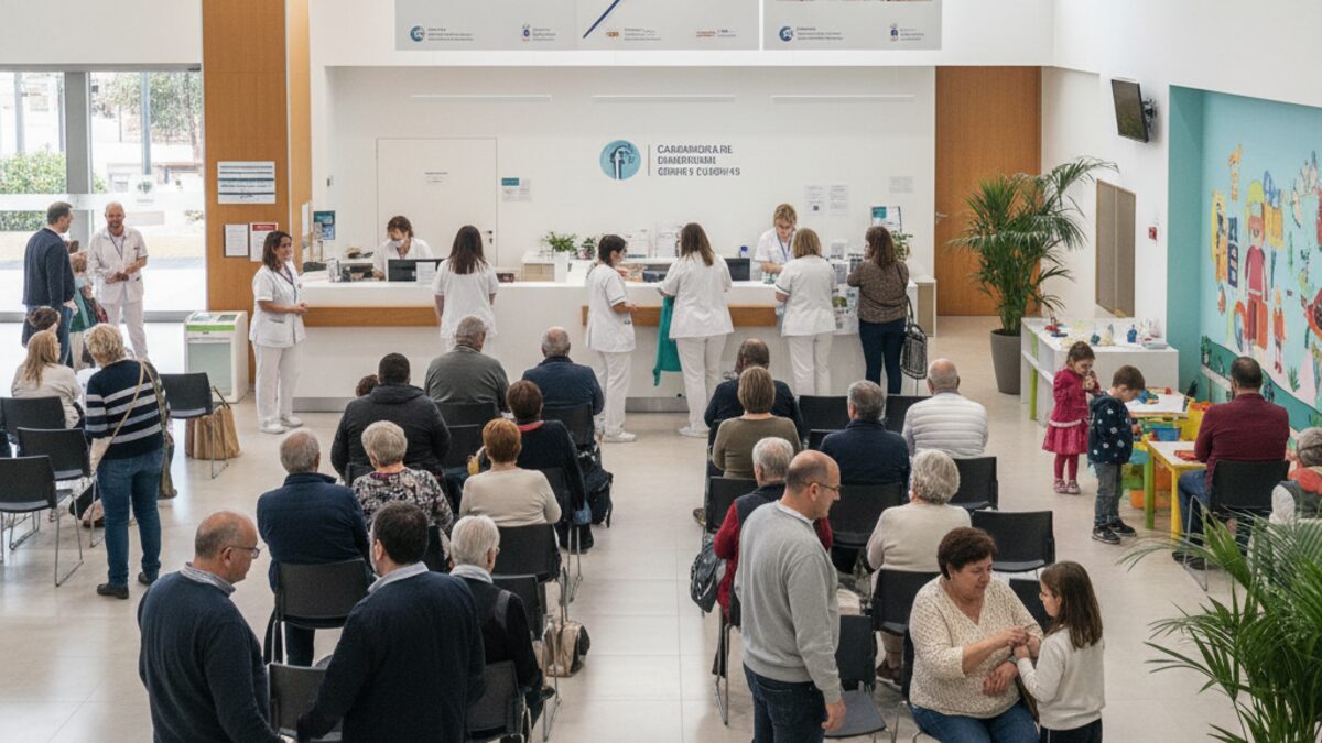 Menschen in einem Gesundheitszentrum auf Mallorca warten auf die Grippeimpfung