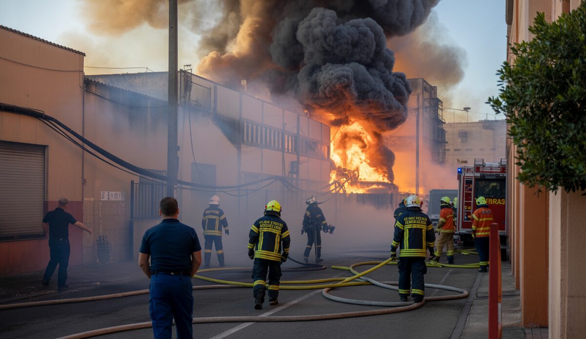 Großbrand in Palma de Mallorca: Einsatzkräfte verhindern größere Katastrophe Großbrand im Industriegebiet von Palma de Mallorca mit Feuerwehr im Einsatz