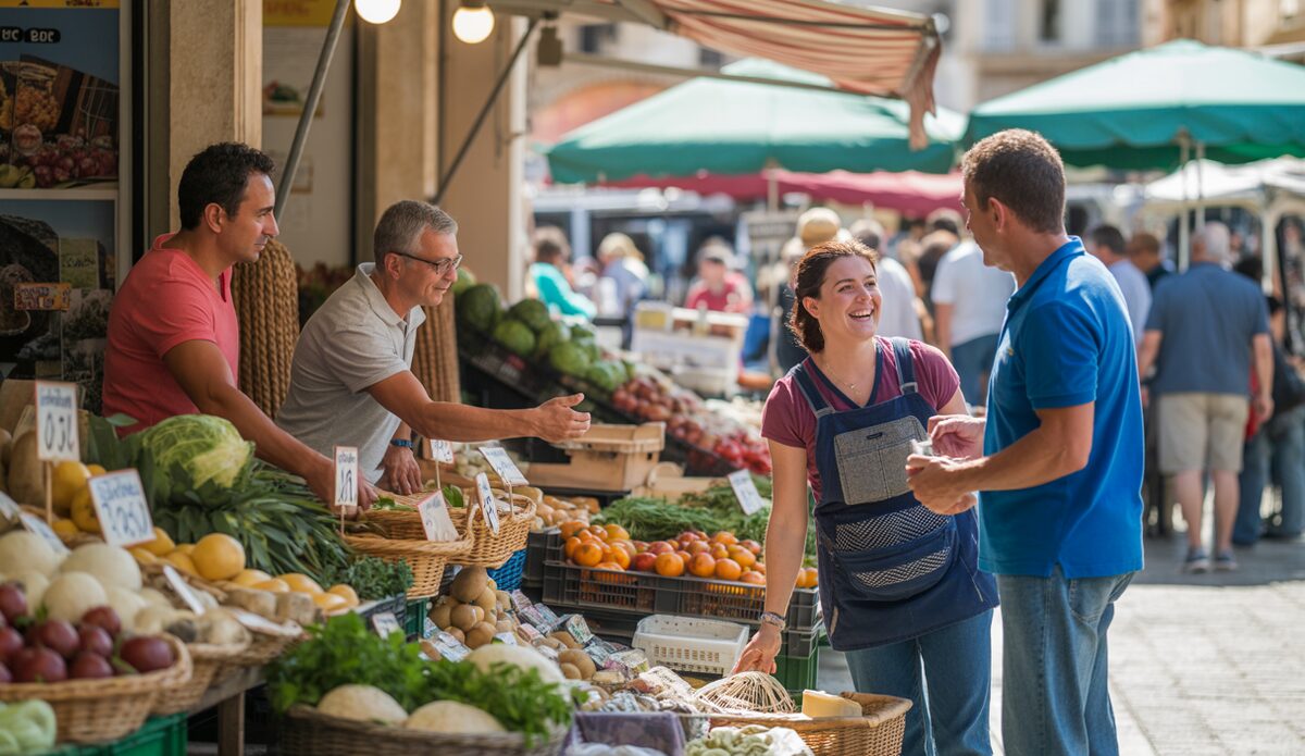 Marktszene auf Mallorca mit regionalen Produkten und Kunden