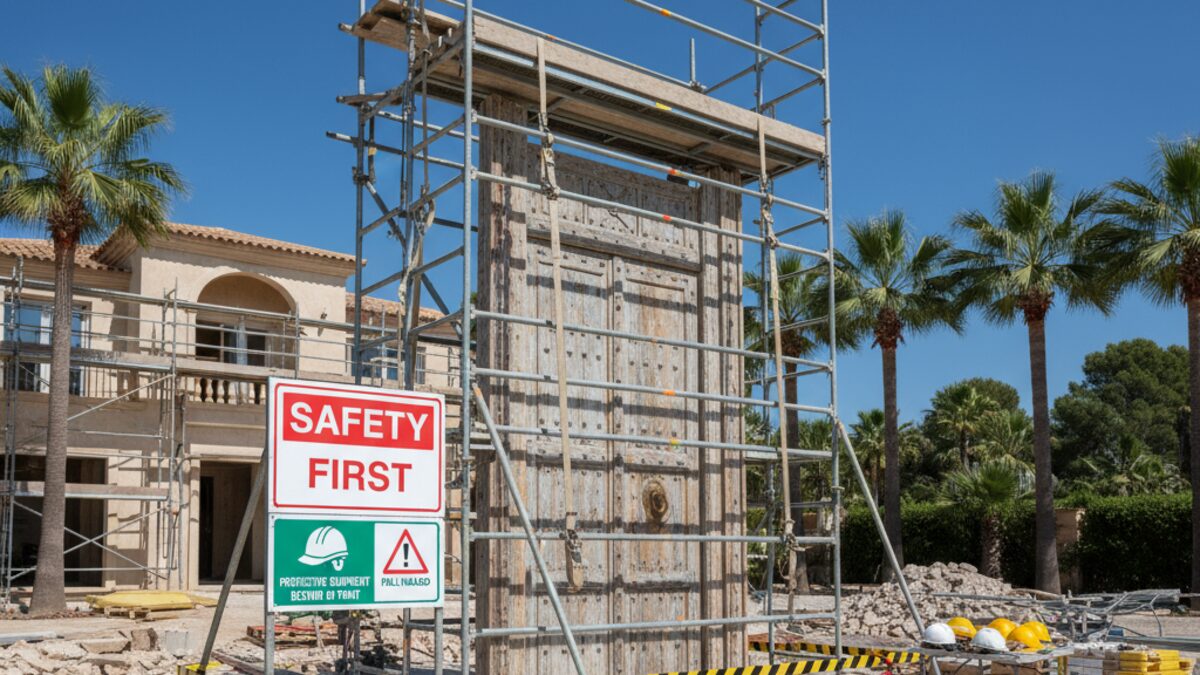 Baugerüst auf einer Baustelle mit Sicherheitsausrüstung und mediterraner Villa im Hintergrund, symbolisiert Baustellensicherheit auf Mallorca