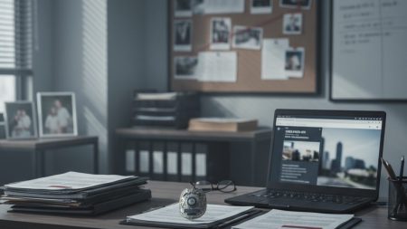 Mann in Palma wegen jahrelanger sexueller Übergriffe verhaftet Polizeibüro mit Ermittlungsunterlagen und Polizeiabzeichen symbolisiert die Festnahme wegen sexuellen Missbrauchs in Palma