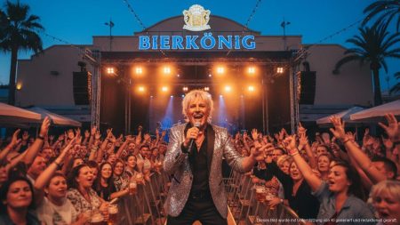 Heino plant Auftritte im Bierkönig bis zum 100. Geburtstag Heino bei einem Live-Auftritt im Bierkönig Mallorca vor einem Publikum bei Abendlicht