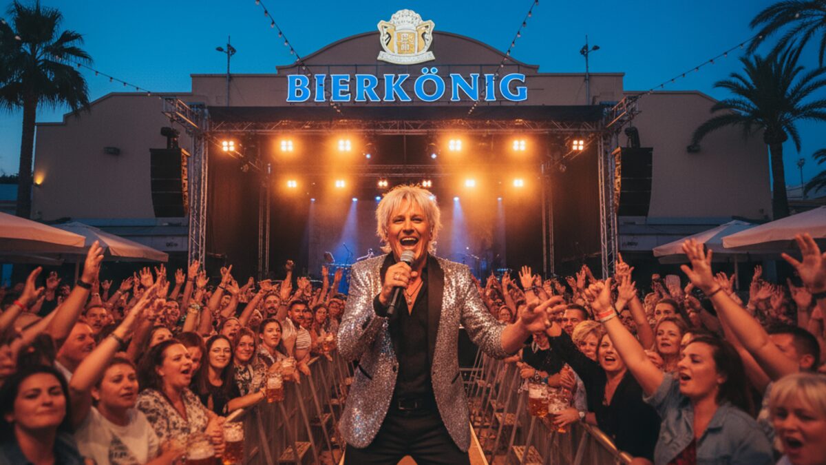 Heino bei einem Live-Auftritt im Bierkönig Mallorca vor einem Publikum bei Abendlicht