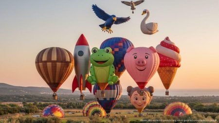 Bunte Heißluftballons verschiedener Designs inklusive Vintage-Montgolfière, Rakete, Frosch und Eistüte steigen bei Sonnenaufgang über Mallorca auf.