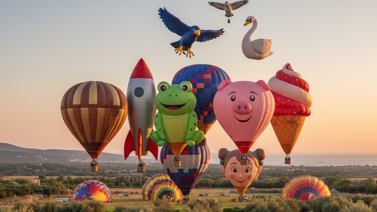Bunte Heißluftballons verschiedener Designs inklusive Vintage-Montgolfière, Rakete, Frosch und Eistüte steigen bei Sonnenaufgang über Mallorca auf.