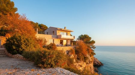 Herbstpreise auf den Balearen stark gesunken Gemütliche Ferienunterkunft an der Küste von Mallorca im Herbst mit buntem Laub und ruhigem Meer, die günstigen Herbstpreise auf den Balearen symbolisiert.