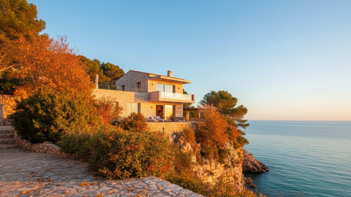 Gemütliche Ferienunterkunft an der Küste von Mallorca im Herbst mit buntem Laub und ruhigem Meer, die günstigen Herbstpreise auf den Balearen symbolisiert.