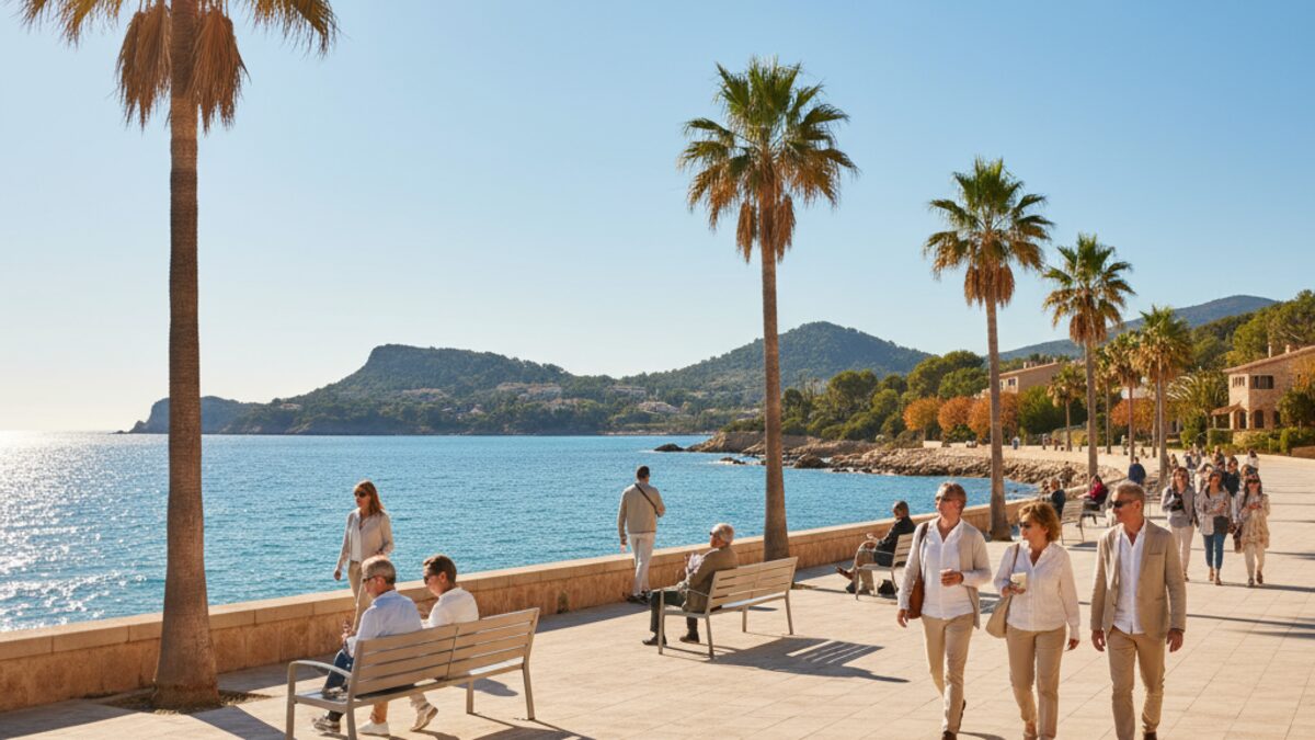 Sonniger Herbsttag auf Mallorca mit klarem Himmel, mildem Wetter und herbstlicher Küstenpromenade