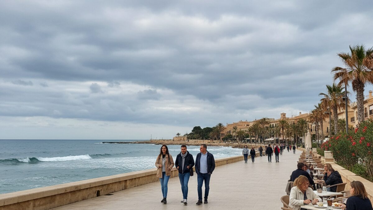 Wolkenreicher herbstlicher Tag in Sóller auf Mallorca mit malerischer Stadtansicht und mildem Wetter