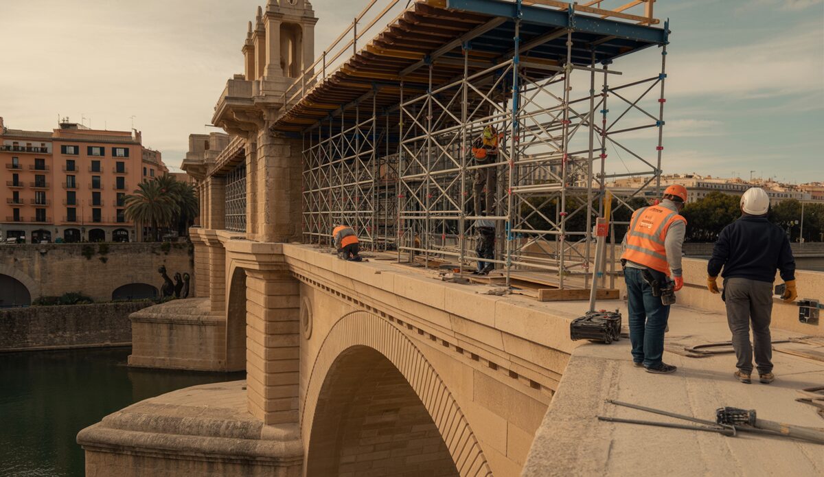 Historische Brücke in Palma mit Bauarbeiten und Arbeitern