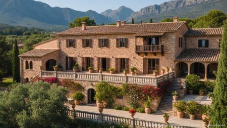 Historisches mallorquinisches Anwesen mit traditioneller Architektur und Blick auf die Serra-Bergkette in Vall de Colonya