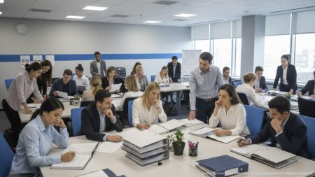 IB3-Mitarbeiter: Unsicherheiten beim Beamtenstatus nach Umwandlung Gruppe von IB3-Mitarbeitern in einem modernen Büro überprüft Dokumente während des Umwandlungsprozesses zum Beamtenstatus