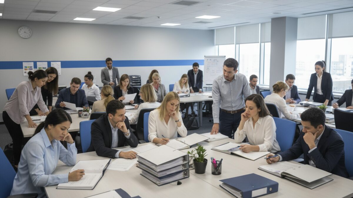 Gruppe von IB3-Mitarbeitern in einem modernen Büro überprüft Dokumente während des Umwandlungsprozesses zum Beamtenstatus