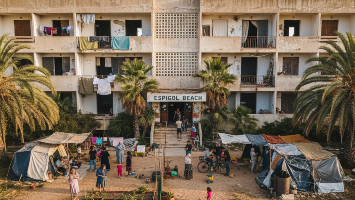 Verlassene Ferienanlage Espigol Beach auf Mallorca mit illegalen Hausbesetzern verschiedener Herkunft unter schwierigen Wohnbedingungen