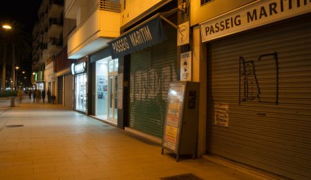 Illegaler Alkoholverkauf auf dem Passeig Marítim in Palma Nächtliche Szene des Passeig Marítim in Palma mit Minimarkets und möglichem Alkoholverkauf