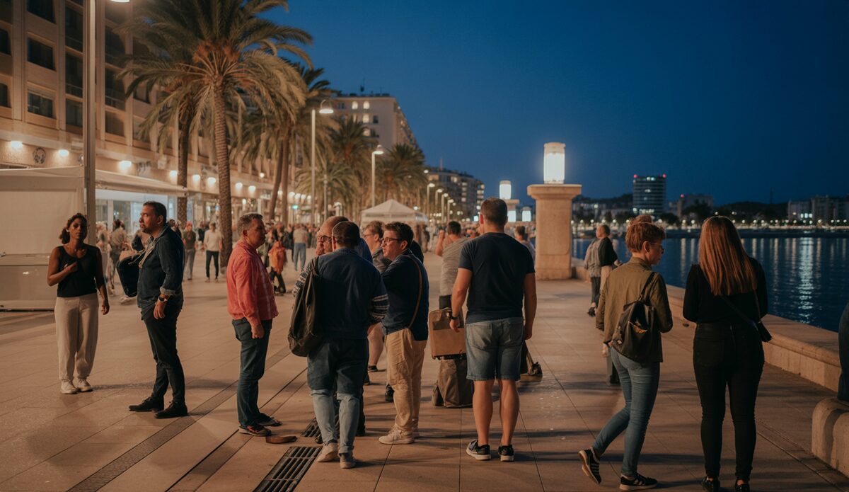 Menschen auf dem Paseo Marítimo in Palma, die spät am Abend Alkohol konsumieren.